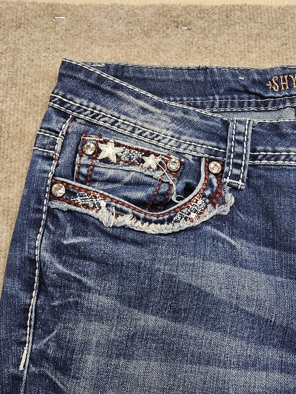 Shyanne Patriot Bootcut Jeans Womens 30L Blue Distressed Star Studded Y2K - Picture 3 of 13